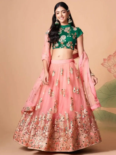 Elegant Peach Mirror Work Net Party Wear Lehenga Choli